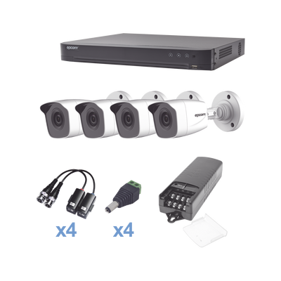 [KEVTX8T4BW] KIT TurboHD 1080p / DVR 4 Canales / 4 Cámaras Bala Metálicas (exterior 2.8 mm) / Transceptores / Conectores / Fuente de Poder Profesional