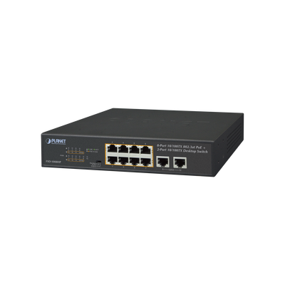 Switch de Escritorio de 8 Puertos 10/100TX 802.3at PoE+ / 2 Puertos 10/100TX / 120W PoE Budget / Modos Standard, VLAN y Extendido / Distancia Extendida Hasta 250m 