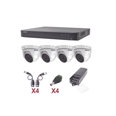 [KEVTX8T4EW] KIT TurboHD 1080p / DVR 4 Canales / 4 Cámaras Eyeball (exterior 2.8 mm) / Transceptores / Conectores / Fuente de Poder Profesional