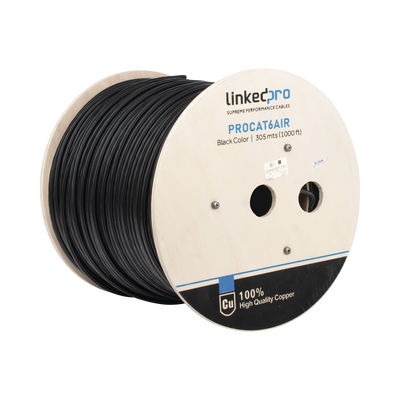 [PRO-CAT-6-AIR] Bobina de Cable FTP con Mensajero de Acero de 305 Metros (1000 Pies) Cat6+ Calibre 23, Color Negro, para Aplicaciones en Video Vigilancia y Redes de Datos / Uso en Intemperie y Aplicaciones Aéreas