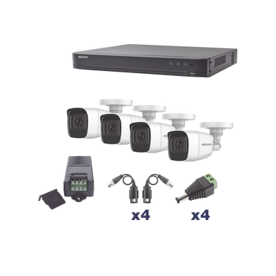 [KEVTX8T4BW/A] KIT TurboHD 1080p / DVR 4 Canales / 4 Cámaras Bala Policarbonato con Audio Integrado (exterior 2.8 mm) / Transceptores / Conectores / Fuente de Poder Profesional