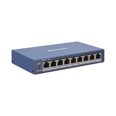Switch PoE+ / Monitoreable / 8 Puertos 10/100 Mbps PoE+ / 1 Puerto 1000 Mbps de Uplink / Configuración Nube Hik-PartnerPro / Modo Extendido hasta 300 Metros / 110 W
