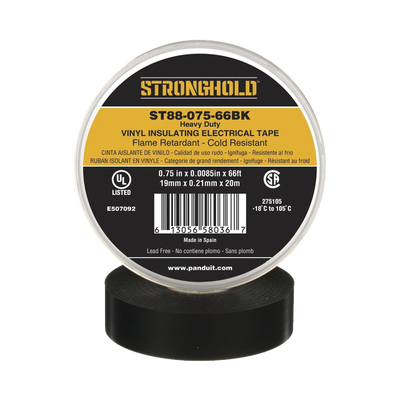 [ST88-075-66BK] Cinta Eléctrica STRONGHOLD para Aislar, de PVC, Trabajo Pesado Eléctrico Industrial (Soporta abrasión, UV, agua, aceite y corrosión), Grosor de 0.21 mm (8.5 mil), Ancho de 19 mm, y 20 m de Largo, Uso Interior/Exterior, Color Ne