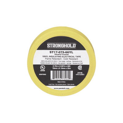 [ST17-075-66YL] Cinta Eléctrica STRONGHOLD para Aislar, de PVC, Uso General Reparación y Mantenimiento, Grosor de 0.18mm (7 mil), Ancho de 19mm, y 20.12m de Largo, Color Amarillo