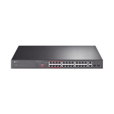 Switch No Administrable 24 Puertos PoE+ 10/100 Mbps / 2 Puertos 10/100/1000 Mbps + 2 Puertos SFP (combo) / Modo Prioridad de Tráfico / Modo Aislamiento de Red / Presupuesto PoE de 250 W / Diseño para Ideal para Vigilancia IP