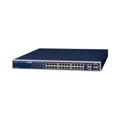 Switch No Administrable 24 Puertos PoE 10/100 802.3af/at, 2 Combo TP/SFP Gigabit y Pantalla LCD para Monitoreo y Configuración Básica de PoE, Hasta 300 Watts