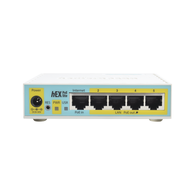 [RB750UPR2] (hEX PoE LITE) RouterBoard, 5 Puertos Fast Ethernet, 4 con PoE Pasivo, 1 Puerto USB