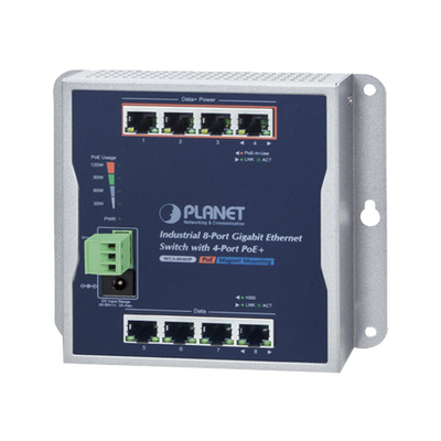 Switch Industrial No Administrable, Múltiple Montaje (Pared, Riel DIN y Magnético), 8 Puertos Gigabit con 4 puertos PoE 802.3at, Hasta 120 W.