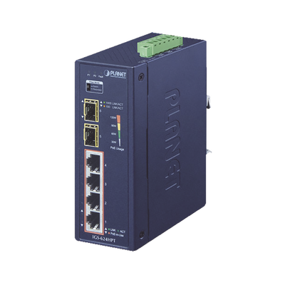 [IGS-624HPT] Switch PoE Industrial No Administrable de 4 Puertos PoE 10/100/1000T 802.3at, 2 Puertos SFP 10/1000X