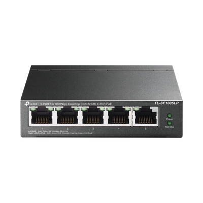 Switch PoE No Administrable de Escritorio / 5 puertos 10/100 Mbps / 4 puertos PoE af / Presupuesto 41 W / Modo extensor PoE hasta 250 metros / Calidad video prioritaria