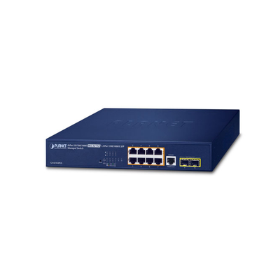 Switch Administrable Capa 2, 8 Puertos PoE 802.3af/at Gigabit, 140 W Max, 2 Puertos SFP, Modo Extendido Hasta 250 m, Soporta Administración en Nube CloudNMS ( HW Rev. 3.0 en Adelante). 