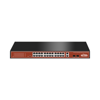 Switch PoE (802.3af/at/bt) / No administrable de largo alcance / Hasta 250m / Con 24 x 10/100Mbps + 2 x SFP Gigabit Combo / 250 W