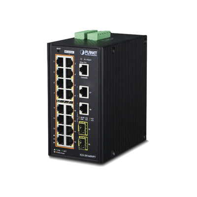 Switch Industrial Administrable 16 puertos 10/100/1000 T 802.3at PoE + 2 Puertos 10/100/1000 T + 2 puertos 100/1000 X SFP