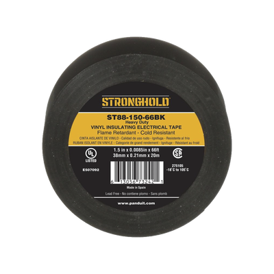 [ST88-150-66BK] Cinta Eléctrica STRONGHOLD para Aislar, de PVC, Trabajo Pesado Eléctrico Industrial (Soporta UV, abrasión, agua, aceite y corrosión), Grosor de 0.21 mm (8.5 mil), Ancho de 38 mm, y 20 m de Largo, Uso Interior/Exterior, Color Ne