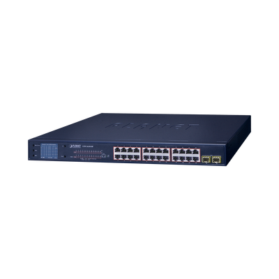 [GSW-2620VHP] Switch PoE de 24 Puertos Gigabit 802.3af/at con Modo Extendido 250 m, 2 Puertos SFP 1000SX , Pantalla LCD para Configuración Básica, Hasta 300 W para PoE
