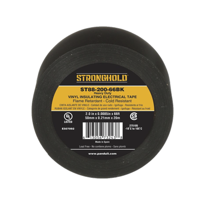 Cinta Eléctrica STRONGHOLD Para Aislar, de PVC, Trabajo Pesado Eléctrico (UV, abrasión, aceite, corrosión), Grosor 0.21 mm (8.5 mil), Ancho 50 mm, y 20 m Largo, Uso Int./Ext., Color Negro. Superior a cinta Super 33 