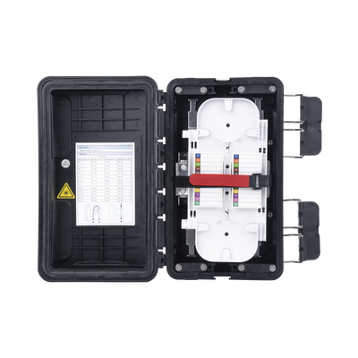 Caja de Distribución de Fibra Óptica, Hasta 96 Empalmes, Exterior IP65, Color Negro