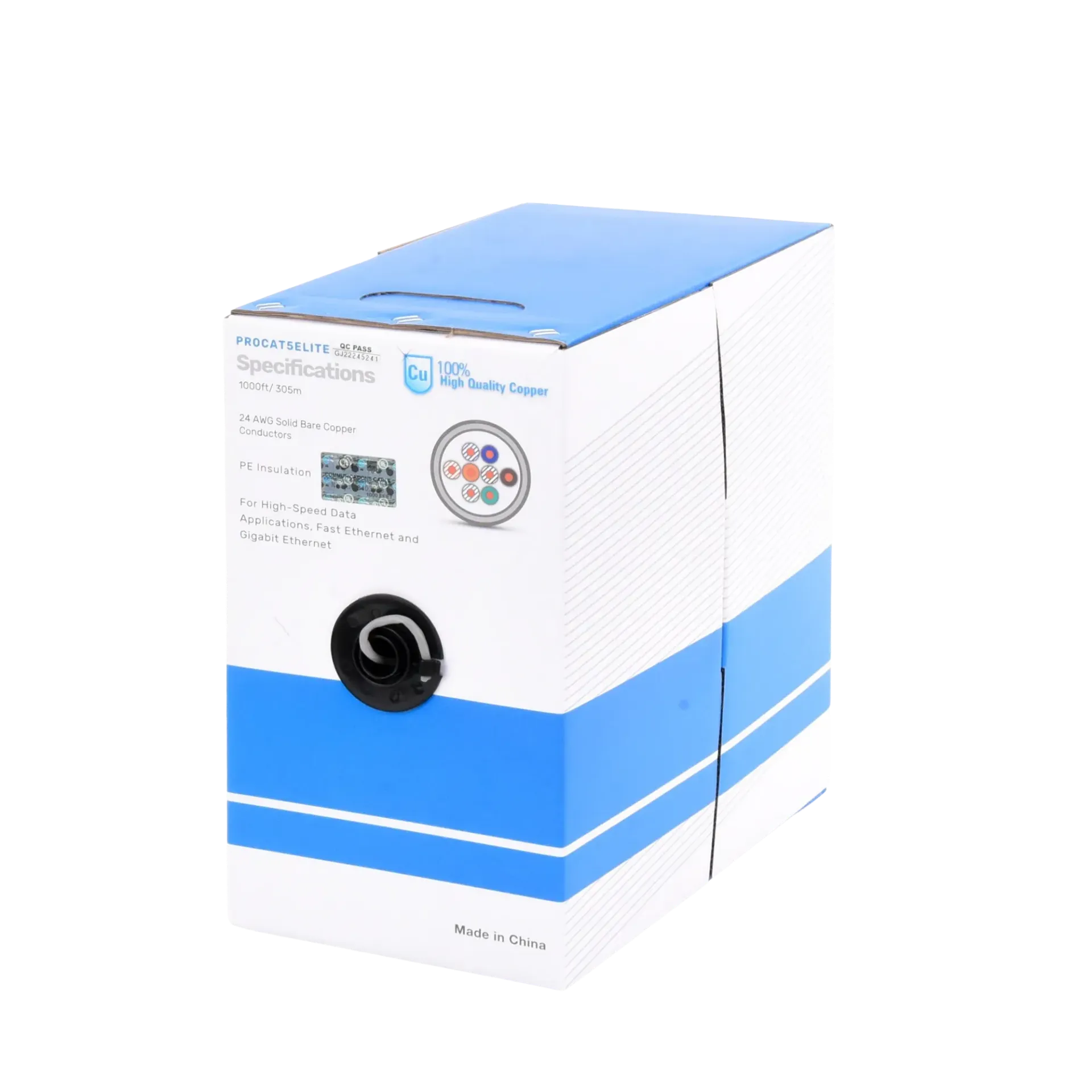 [PRO-CAT-5E-LITE] Bobina de cable de 305m, (1000 ft), Cat5e, 24 AWG, color Gris, UL, para aplicaciones en videovigilancia, redes de datos. Uso Interior