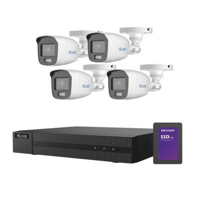[HL-1080-CV/A/512GB] Kit TurboHD 1080p + SSD 500 GB / DVR 4 Canales / 4 Cámaras Bala ColorVu con Micrófono Integrado / Fuente de Poder / Accesorios de Instalación