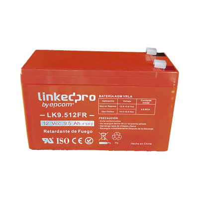 [LK9.512FR] Batería de respaldo 12 V |  9.5 Ah | AGM | Certificada UL94-V0 Retardante a la Flama  | Especial para Seguridad Electrónica | UPS  | Sistemas de Emergencia  | Vida útil 5 años | Terminales F1  + Adaptador F2