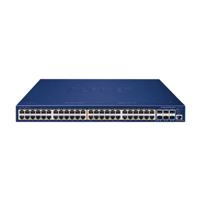 Switch Administrable Stacking Capa 3, 48 Puertos PoE Gigabit 802.3at, 6 Puertos SFP de 10 G, Entrada de Alimentación Redundante de 55 V cc.