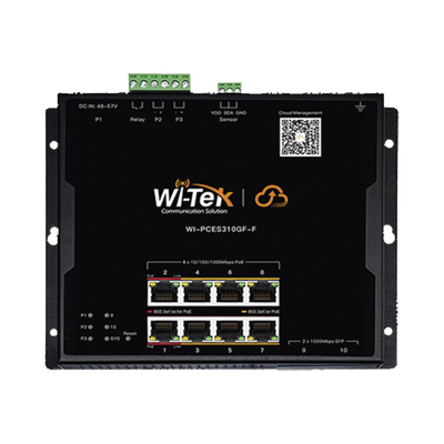 [WI-PCES310GF-F] Switch L2 PoE Industrial / Administración Cloud Gratuita / 8 Puertos PoE af/at/bt 10/100/1000 Mbps / 2 Puertos SFP Gigabit / Máx Presupuesto PoE 145 W / Montaje Magnético - Riel DIN.