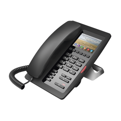 Teléfono IP Hotelero / Pantalla LCD Color 3.5" / 2 Líneas SIP / 6 Teclas Programables Hotline / Puerto USB Carga / PoE 802.3af / Personalizable con Logo Hotel