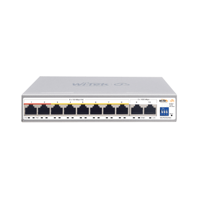 Switch PoE / Administración en la nube / Con 8 puertos 10/100 Mbps PoE af/at / 2 Puertos Uplink 10/100/1000 Mbps / Presupuesto 100 W / PoE hasta 250 metros / Soporta protocolo ONVIF