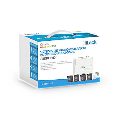 Kit TurboHD 1080p / DVR 4 canales / 4 Cámaras Bala de Policarbonato / Audio Bidireccional / Dual Light (IR + Luz Blanca) / H.265+ / 1 Fuente de Poder Profesional / Accesorios de Instalación