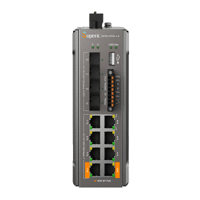 Switch de Red SP5012FM-L2 (V2) / 8 Puertos 10/100/1000Mbps PoE / 4 Puertos SFP 1000M/2.5G/10Gbps / Capacidad de Conmutación 96Gbps / Presupuesto PoE 240W / Alimentación Dual DC / Instalación DIN-rail, Pared o Escritorio / Certificaciones CE, FCC, RoHS,