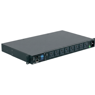 PDU Monitoreable (MI) para Distribución de Energía, Enchufe de Entrada NEMA 5-15P, Con 8 Salidas 5-20R, Horizontal 19in, 120 Vca, 20 Amp, 1UR